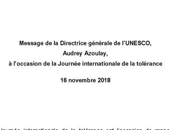 16 NOVEMBRE 2018, JOURNÉE INTERNATIONALE DE LA TOLÉRANCE