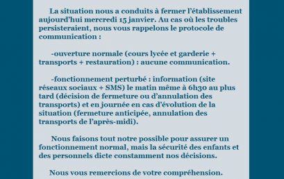 Communication concernant l’ouverture et la fermeture du lycée dans la situation actuelle