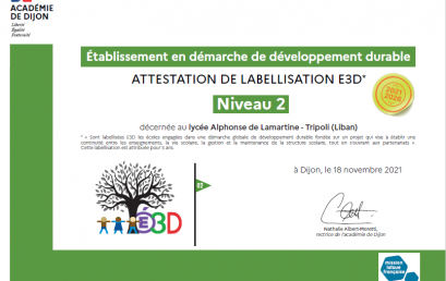 Diplôme reconnaissant l’engagement du LADL en matière d’éducation au développement durable