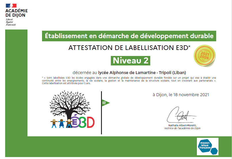 Diplôme reconnaissant l’engagement du LADL en matière d’éducation au développement durable